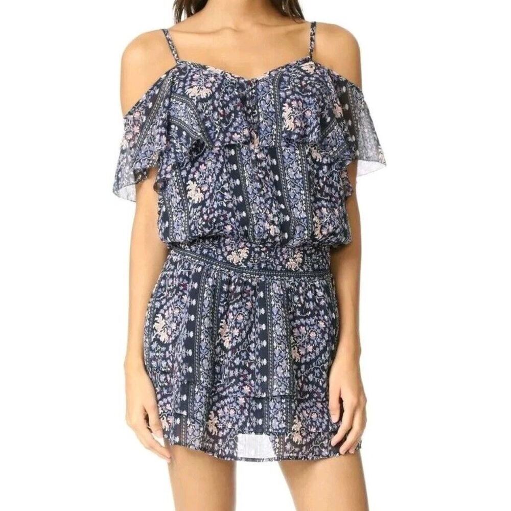 Paige Womens Olympia Dress Medium 100% Silk Blue Bouquet Floral Mini Elastic‎